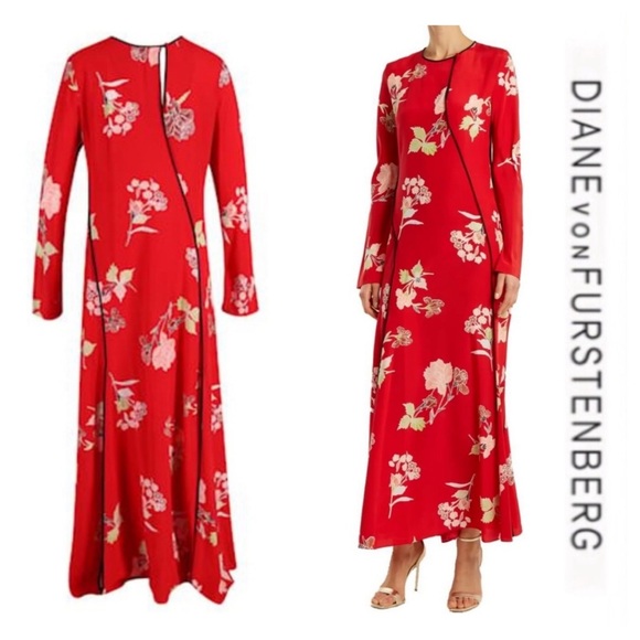Diane Von Furstenberg Dresses & Skirts - DIANE VON FURSTENBERG Red Everton-Print Silk Maxi Dress